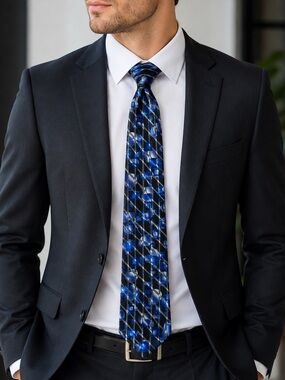 100% Silk Pavone Made In Italy Blue Black Silver Geometric Wide Necktie